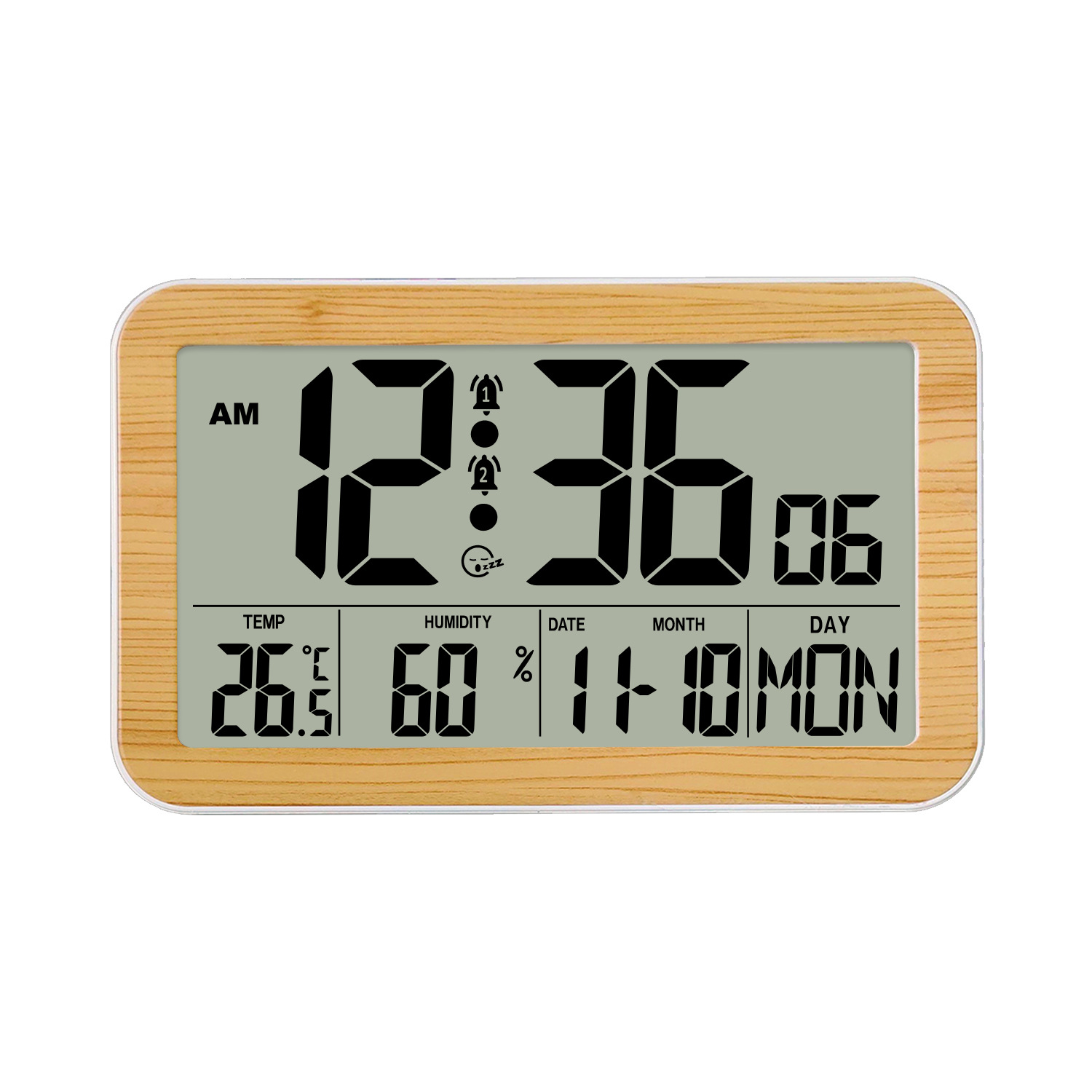 Reloj de pared transfronterizo con acabado de madera para sala de estar y dormitorio, con pantalla digital LCD de alta definición, reloj despertador multifuncional con calendario perpetuo, temperatura y humedad