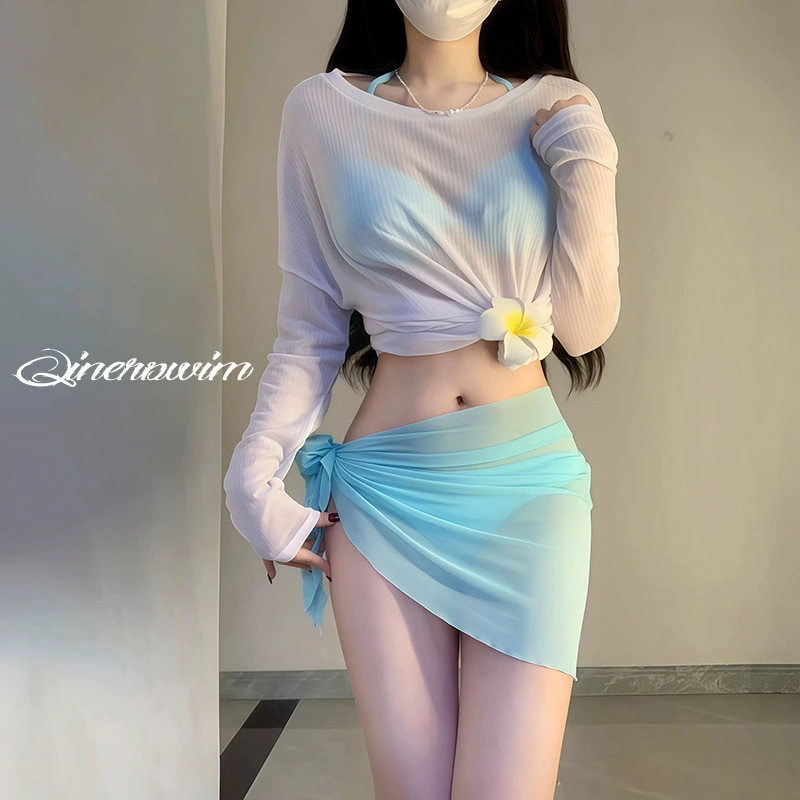 Купальник бикини женский, состоящий из четырех частей, с длинными рукавами, солнцезащитный крем Tiffany, синий, маленький, свежий, горячий весенний купальник, оптовая продажа