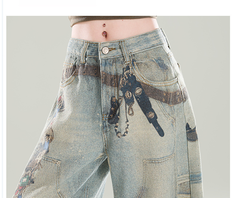 Men's Vintage Washed Print Jeans Hip-Hop Straight-Leg Loose Fit Denim Blue Breathable Polyester Blend S-3XL_mkmklike.com