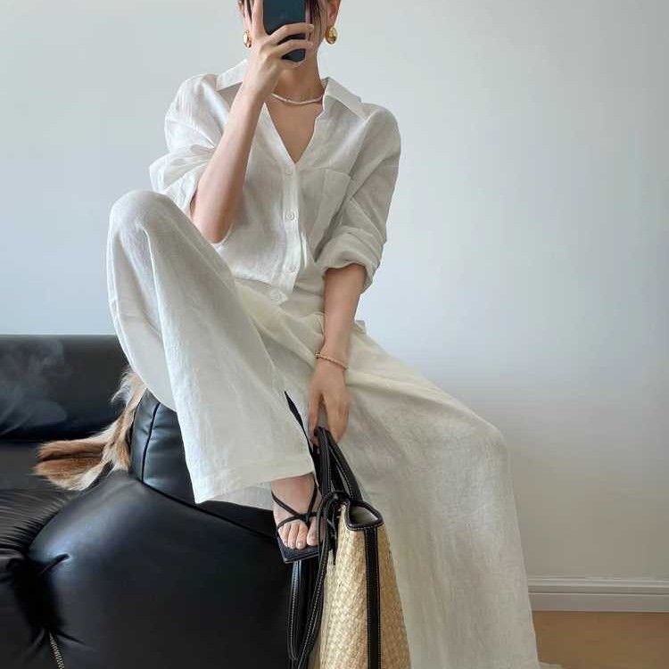 老钱风亚麻套装年轻款春夏薄款透气防晒衬衫休闲百搭阔腿裤两件套|undefined