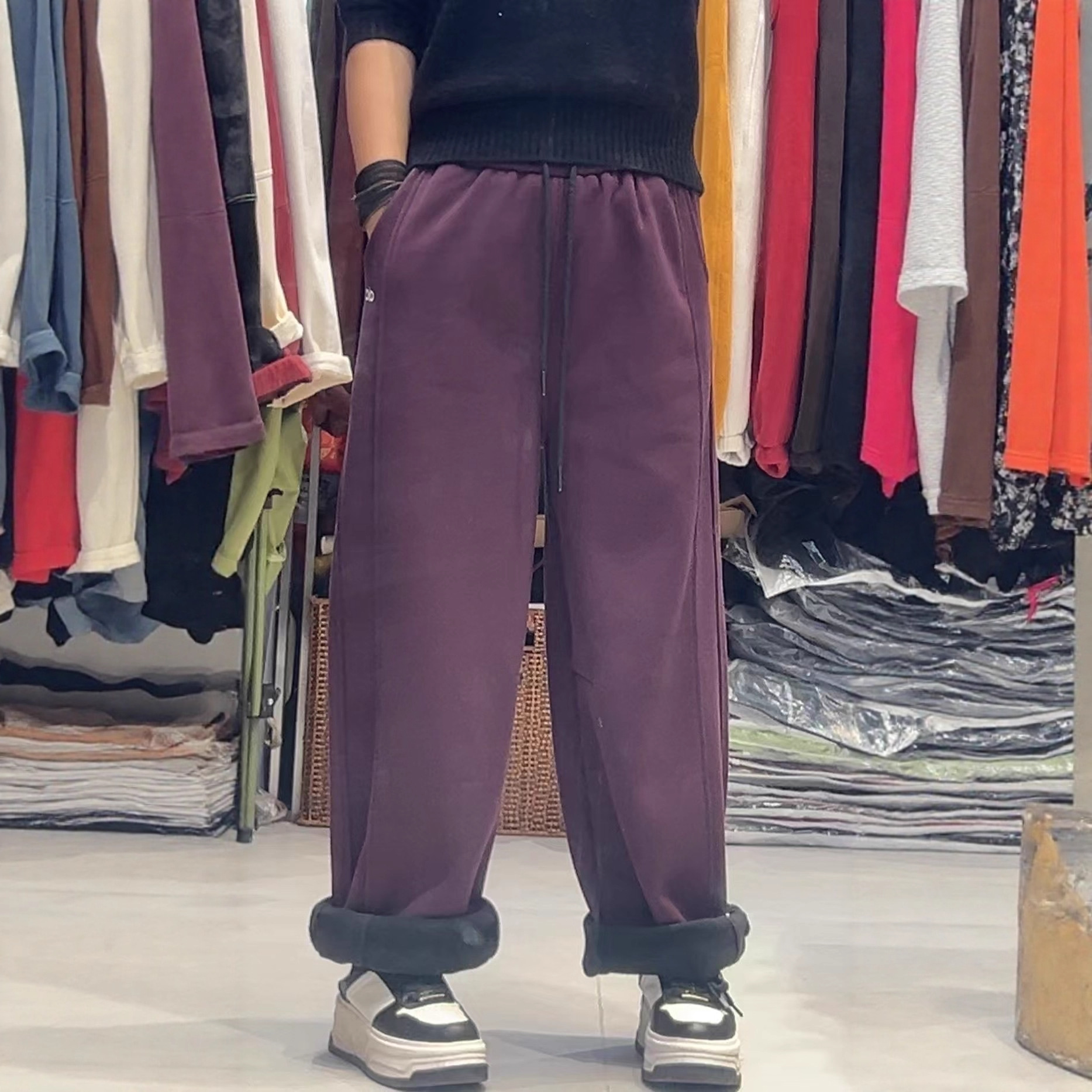 2025新品垂感抽绳阔腿裤女加厚休闲运动裤加绒卫裤