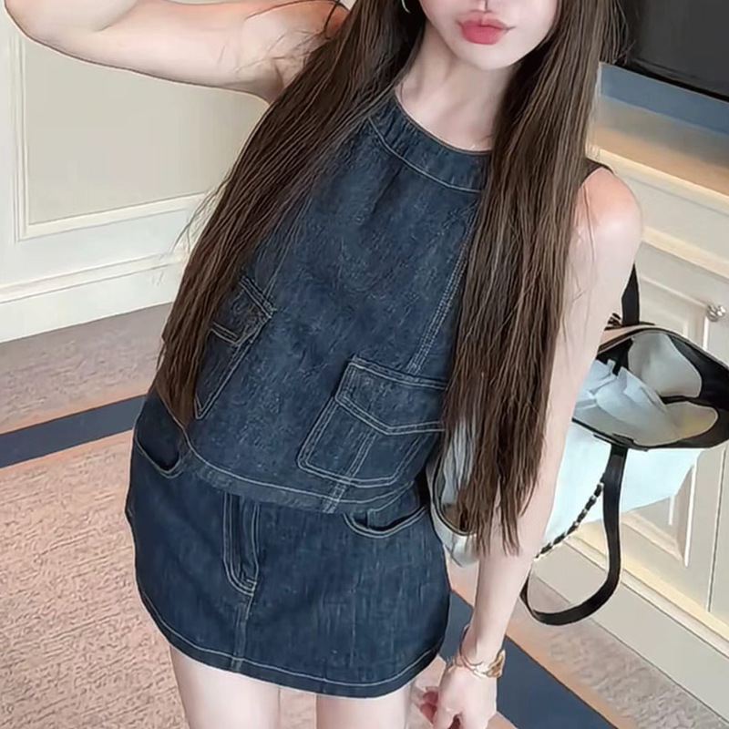 Summer Madrid Blue Soft Denim Vest and Skirt Set for Women 2026 New Summer Two-Piece Short Skirt Set Summer Madrid Blue Soft Denim Vest and Skirt Set for Women 2026 New Summer Two-Piece Short Skirt Set