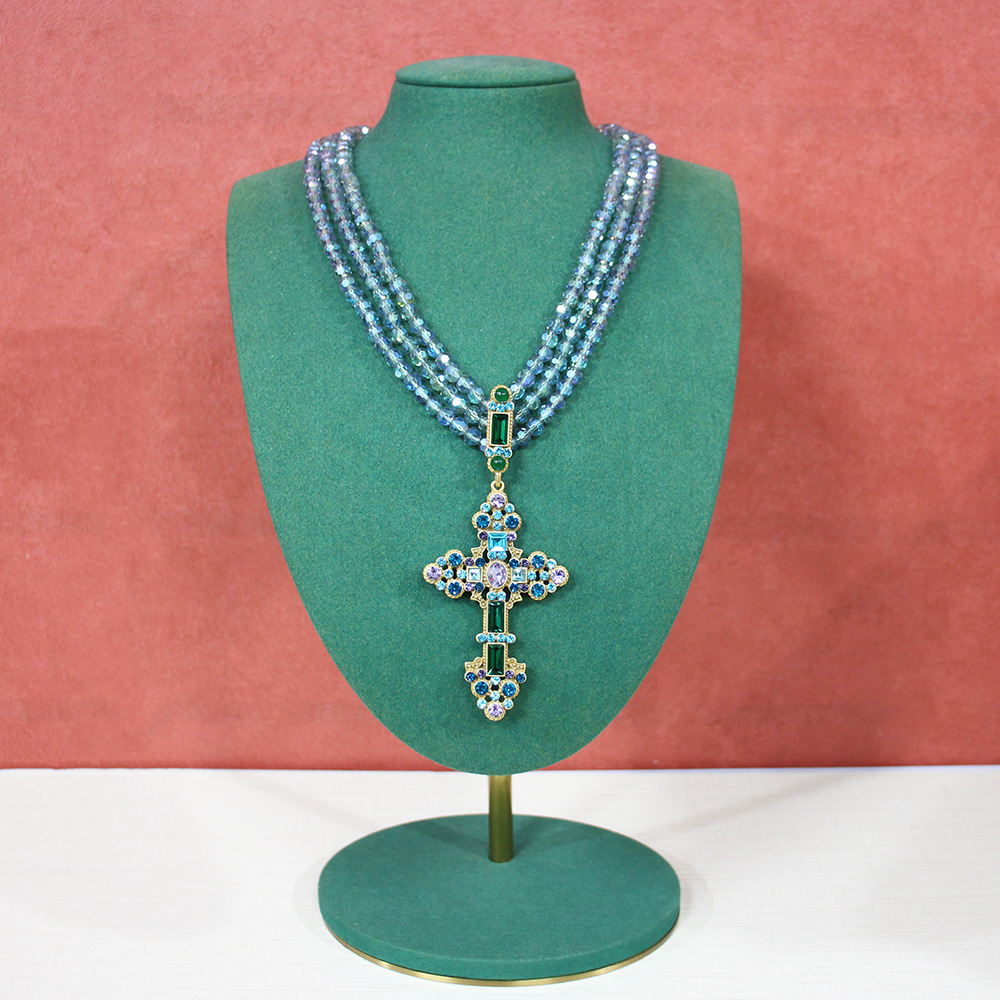 秋冬新品多串水晶串珠十字架夸张项链跨境毛衣链高级感女款颈链