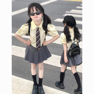 Girls Summer Suit 2025 New Style Jk Uniform Big Kidsren Kidsren Female Preppy Style Short Skirt Student Dopamine