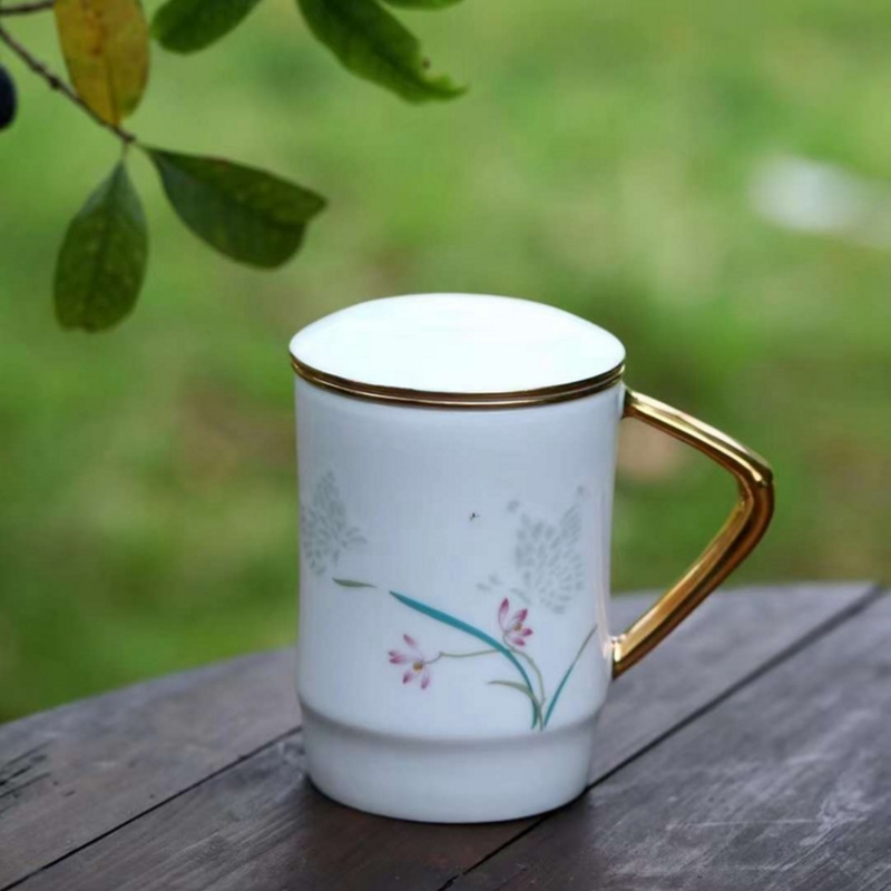 粉彩玲珑兰花蝴蝶陶瓷茶杯带盖过滤水杯玲珑杯家用中式办公泡茶杯