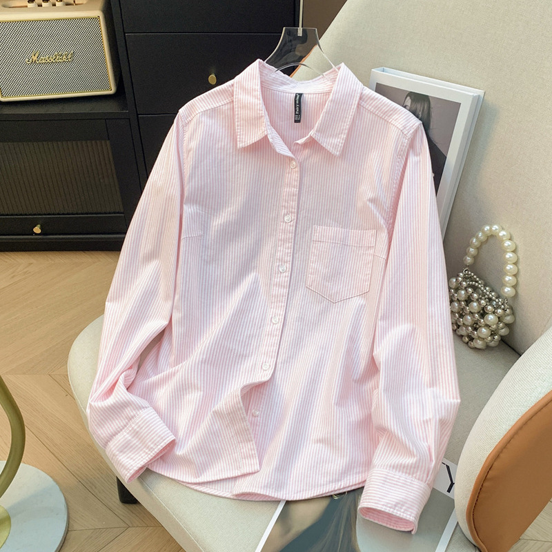 High-End Oxford Cotton Unisex Workwear Slim-Fit Striped Shirt for Women, Polo Collar, Slimming Base Shirt for Layering