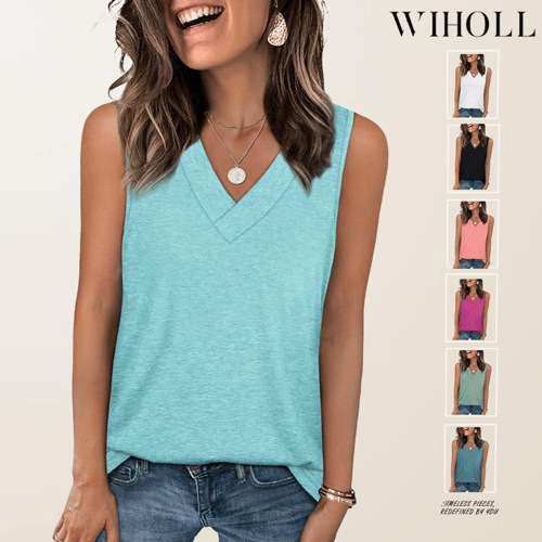 2025 Summer Amazon European and American Foreign Trade Women's V-Neck Casual Loose Solid Color Stretchy Sleeveless Tank Top 2025 Summer Amazon European and American Foreign Trade Women's V-Neck Casual Loose Solid Color Stretchy Sleeveless Tank Top