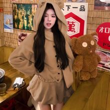 可爱甜美套装羊羔毛连帽毛衣外套女秋冬半身裙裤小个子减龄两件套
