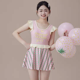 新款女童大码泳衣 时尚连体裙式平角裤青少年运动休闲泳装