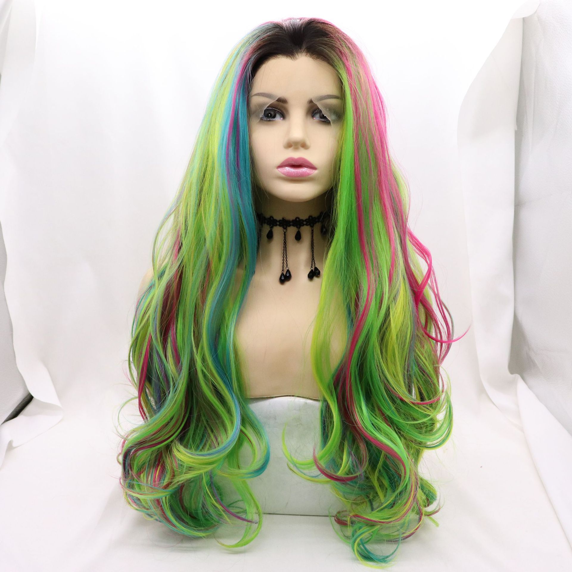 NEW LOOK frente encaje fibra química cubierta de cabeza gran cantidad de stock T color arco iris colorido cabello rizado largo de alta temperatura peluca de seda