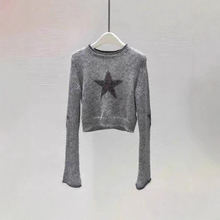 【现货】2025春夏新款圆领毛针织衫慵懒风星星刺绣灰色长袖毛衣