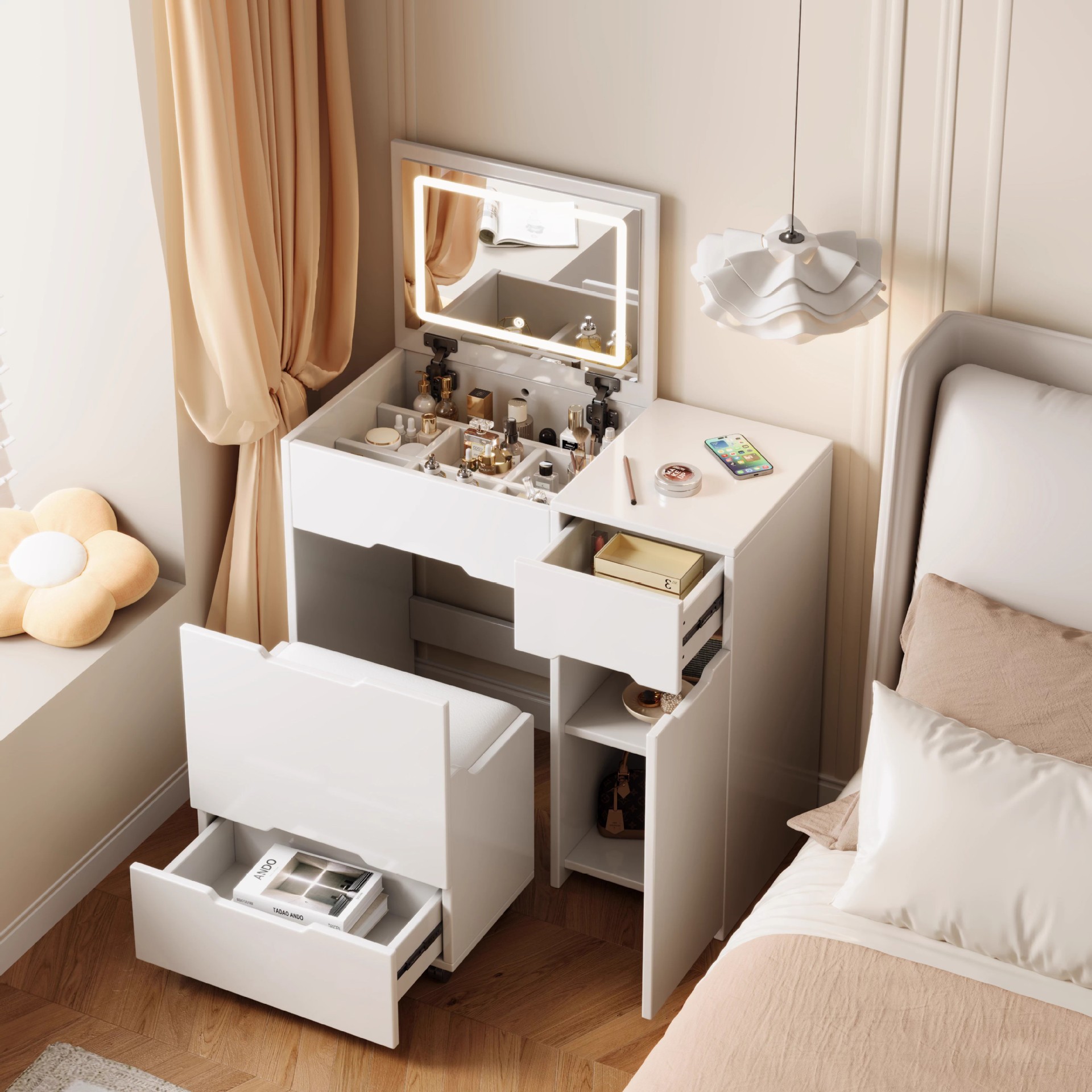 Comedor de tocador dormitorio moderno simple pequeño viento de crema nuevo tipo plegable con lámpara mesa de maquillaje gabinete de almacenamiento en uno