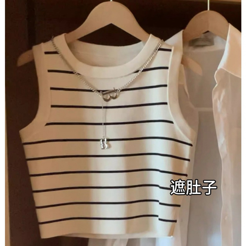 Striped Camisole Vest for Women, Spring and Autumn Inner Layer Base Shirt, Versatile Summer Short Knitted Short-Sleeve T-Shirt