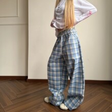 美式复古拼接双腰宽松阔腿直筒休闲格子裤男女新款百搭春夏长裤潮