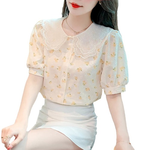 Lace Baby Collar Short Sleeve Floral Print Women's Summer Year Loose Slimming Chiffon Open Top Fashion