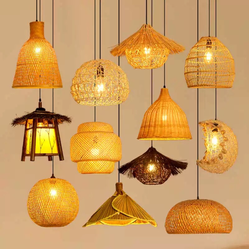 Bamboo Lantern Lamp Chinese Restaurant Restaurant Box Shop Chandelier Retro Tea Room Hot Pot Restaurant Straw Hat Rattan Woven Lamp
