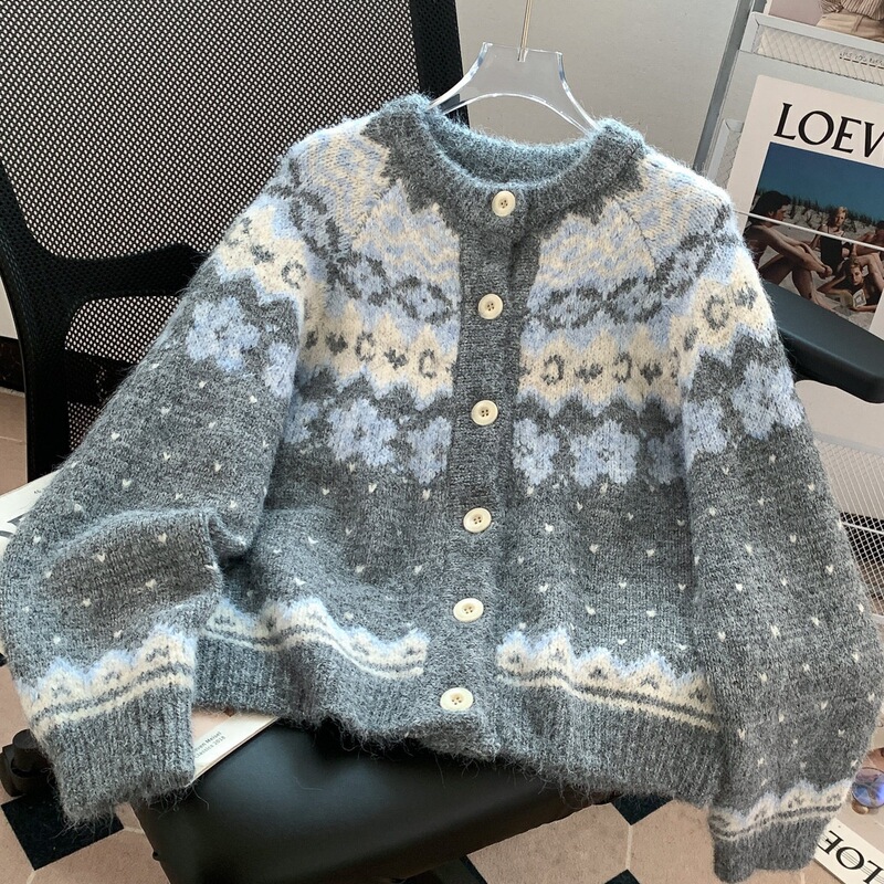 2026 new knitted top, Fair Isle patterned short sweater cardigan, women's outerwear for petite figures, suitable for autumn and winter