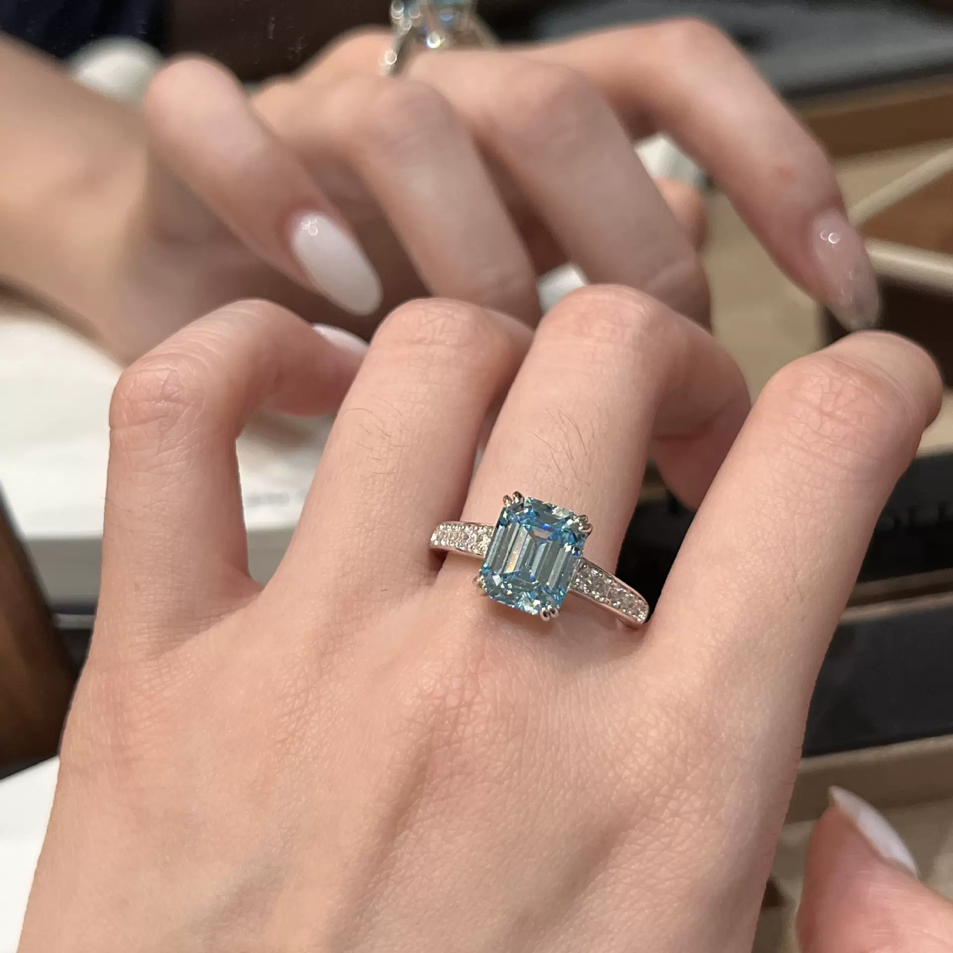 S925纯银长方形海蓝宝戒指女精致百搭高级品质跨境新款高碳钻指环