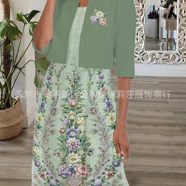 亚马逊速卖通女士夏季印花优雅吊带连衣裙和开衫长袖外套两件套