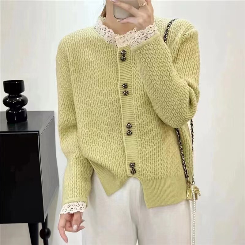 Lace Edge Stitching Soft Waxy Knitted Sweater for Women 2025 Autumn and Winter New Sweet Age-Reducing Short Sweater Cardigan Jacket
