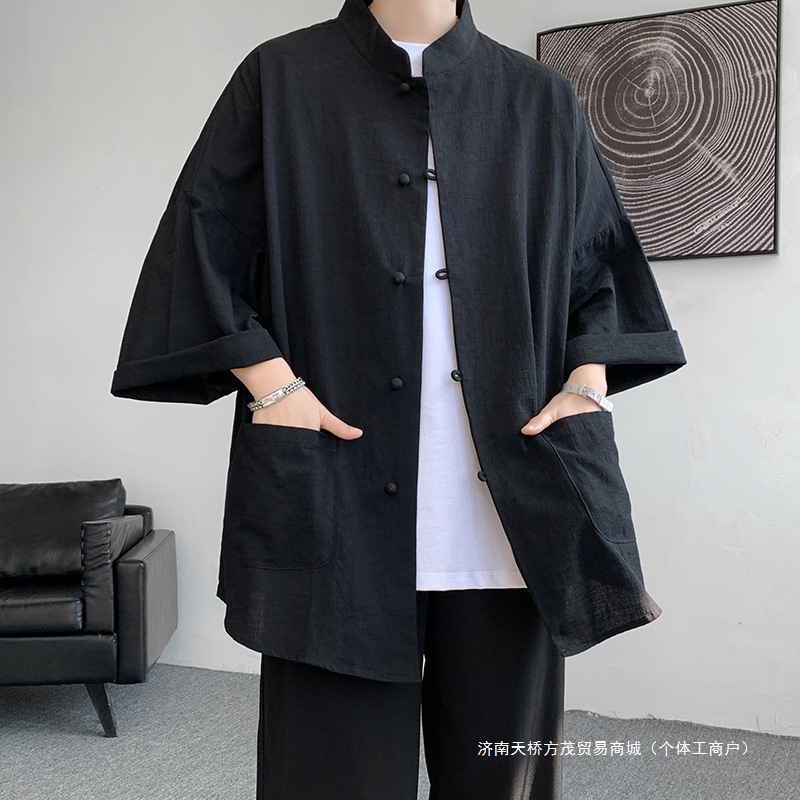 衬衫道袍外套男夏季亚麻短袖唐装七分新中式国风男装汉服马褂