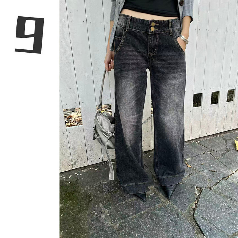 [9hour] Distressed gray low-rise pants with double buttons, autumn retro washed cat-whisker style jeans for women 0383