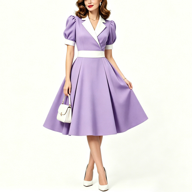 Cross-border 1950s French retro pastel style blazer with lapel, flattering for fair skin, contrasting color puff sleeve dress