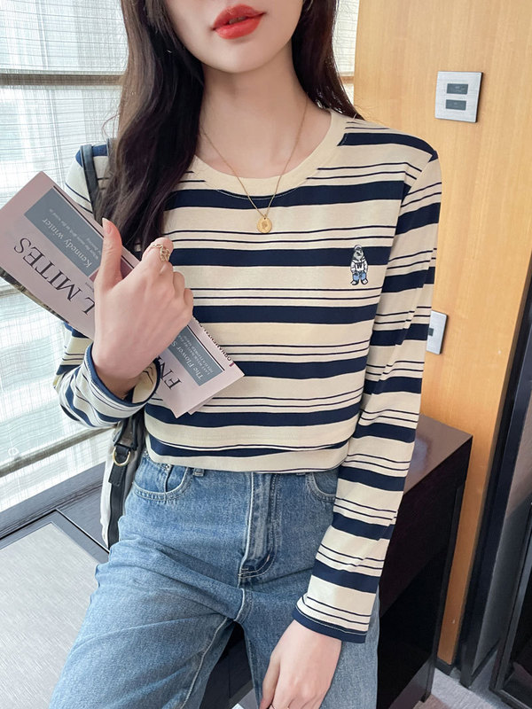 実写スポット授乳服秋冬新作授乳純綿長袖ストライプtシャツ産後底授乳上着|undefined