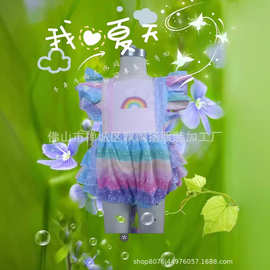 跨境童装哈衣婴幼儿彩虹爮服三角包屁裤七彩印花可爱洋气潮服