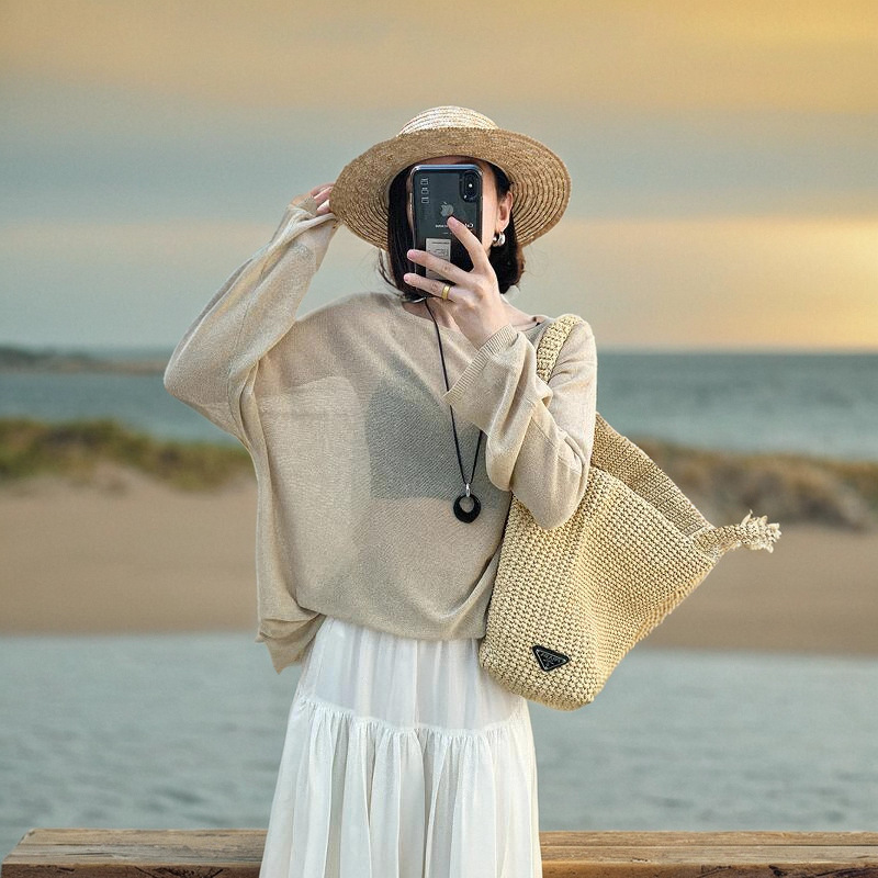 Linen Knitted Long-Sleeved Women's Top Short-Sleeved Lazy Sun Protection Blouse Summer Sweater Solid Color Fashionable Casual