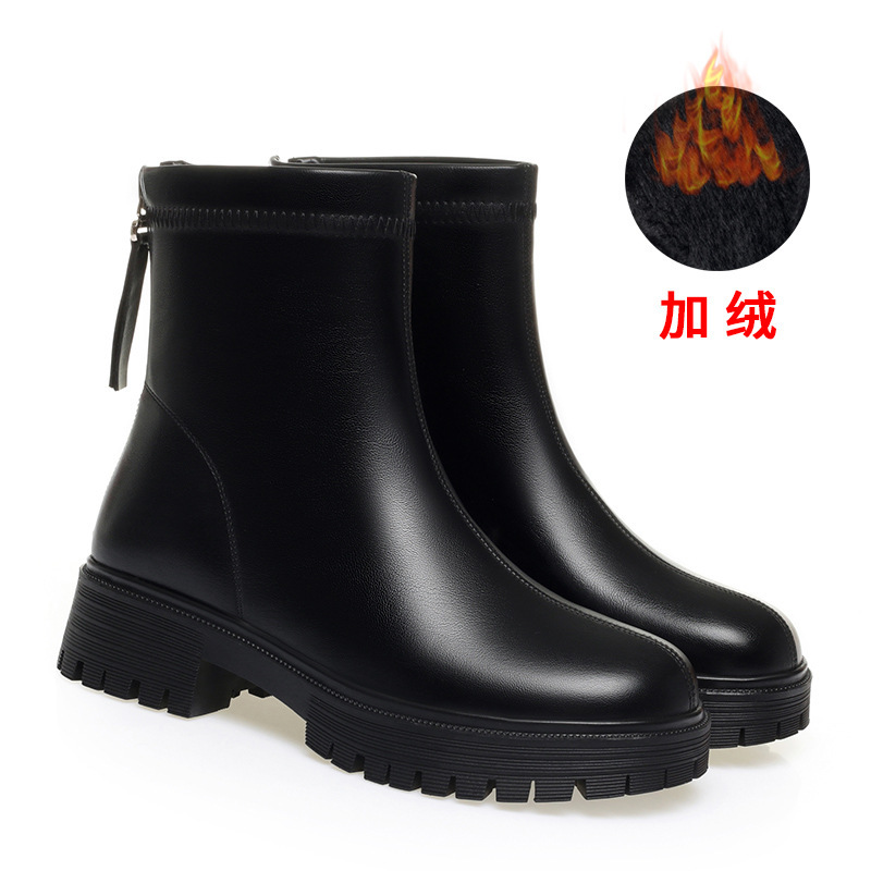 粗跟短靴女春秋单靴百搭厚底切尔西靴子冬皮鞋加绒瘦瘦靴一件代发|undefined