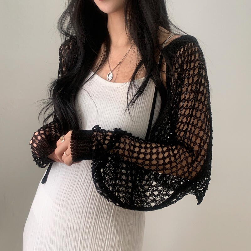 In-Stock Real Shot Korean-Style Sweater Mesh Ribbon Casual Hollow-Out Knit Cardigan Cropped Short Drop Shoulder Top