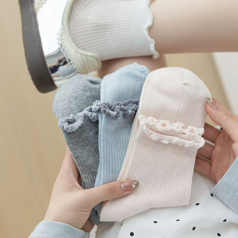 女性用耳飾りソックス、秋の新作無地レースミッドカーフソックス、多用途ストライプイン女性用ソックス、卸売諸吉ソックス|undefined