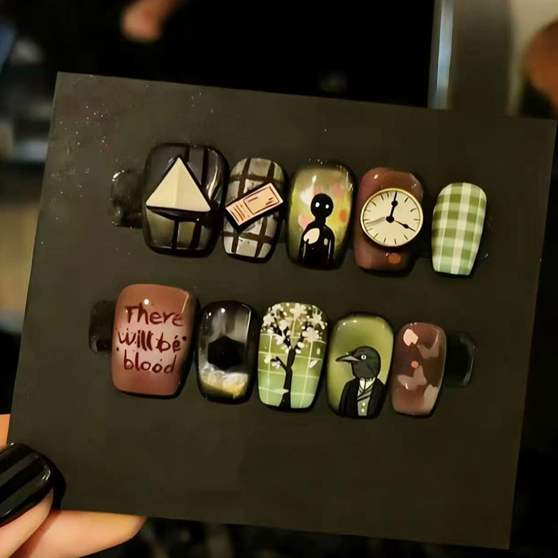 Quirky and artistic press-on nails with dark-toned crow clock and plaid patterns, personalized beautiful fake nail patches, direct wholesale from cross-border factory Quirky and artistic press-on nails with dark-toned crow clock and plaid patterns, personalized beautiful fake nail patches, direct wholesale from cross-border factory