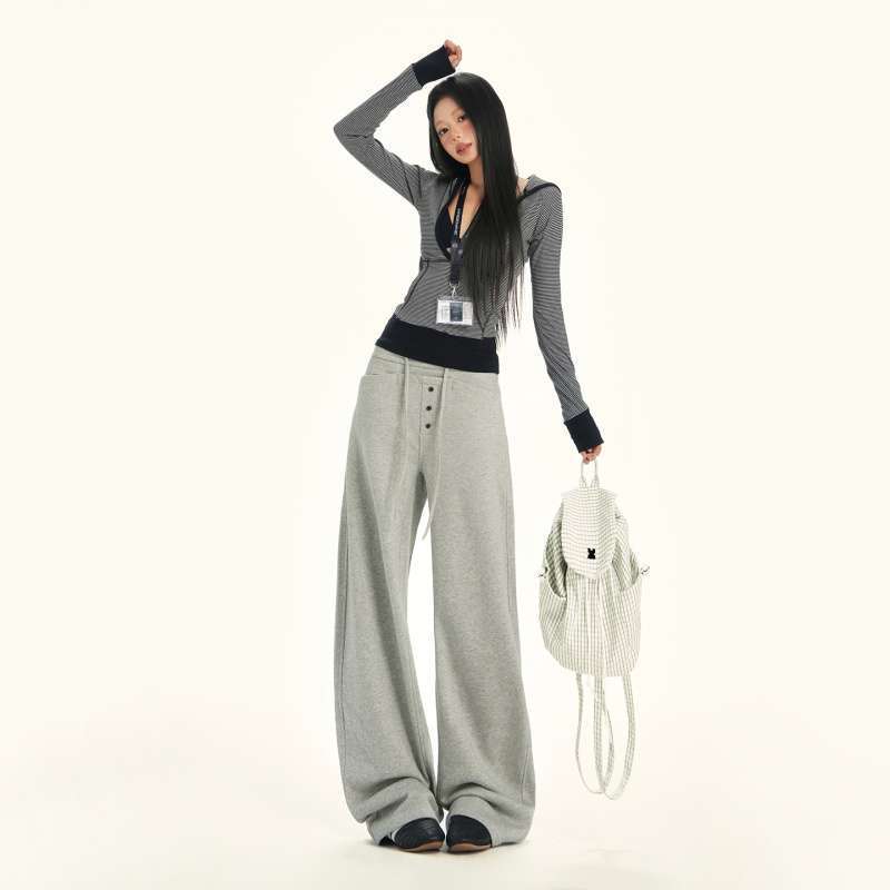 American Retro Fake Placket Straight-Leg Sweatpants with Elastic Waist and Drawstring, Loose Wide-Leg Casual Jeans for Women