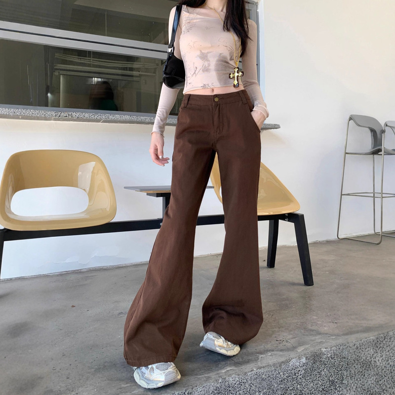 Maillard Autumn and Winter Brown Low-Waist Bootcut Jeans for Women American Slim Fit Straight Bell-Shaped Horseshoe Pants Trendy