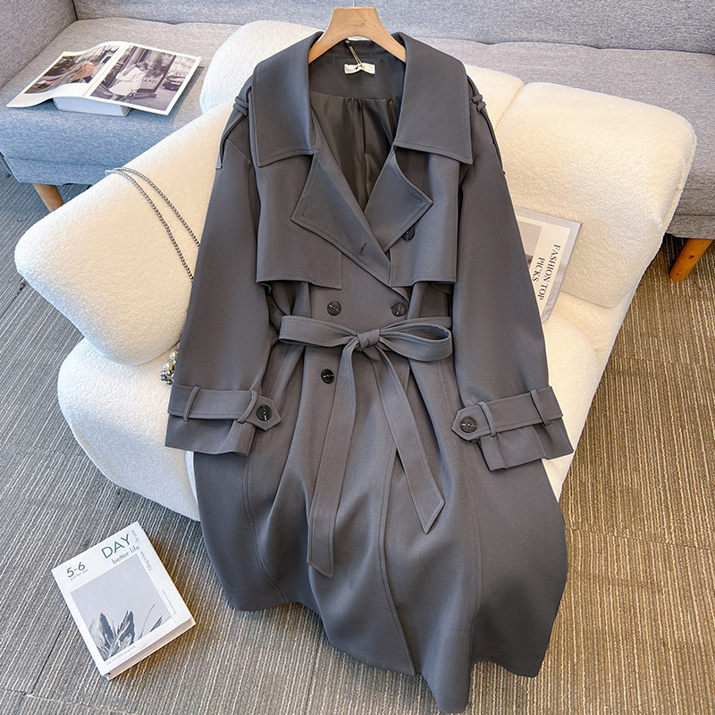 65-150kg Plus-size women's gray spring and autumn trench coat, double-breasted long coat, casual loose fit, elegant style