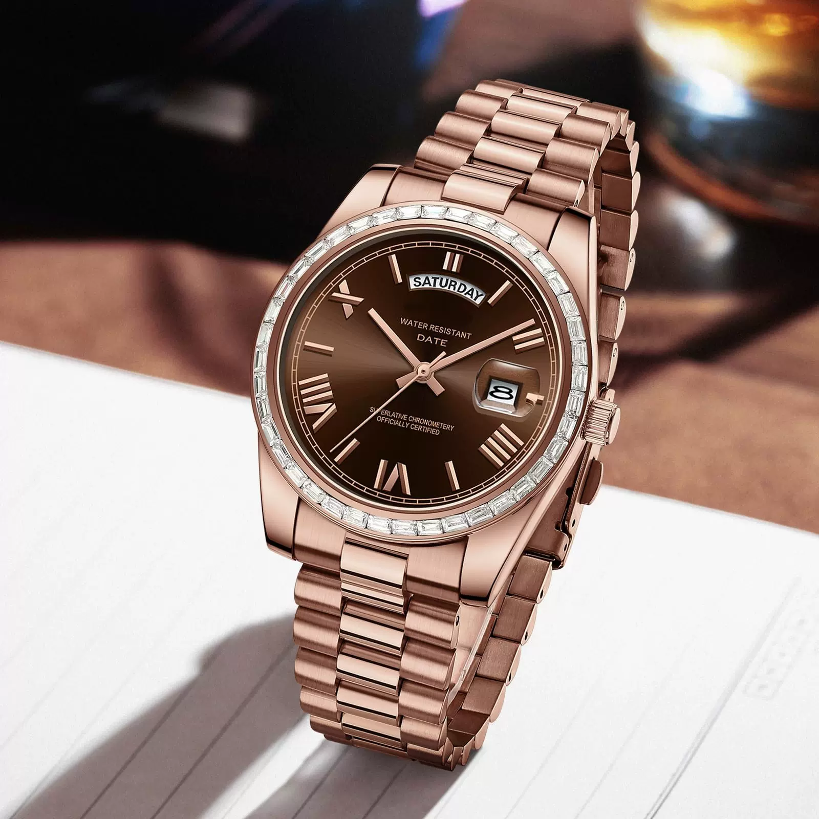 跨境男式手表石英钻石表圈不锈钢表盘带日历商务玫瑰金男士腕表
