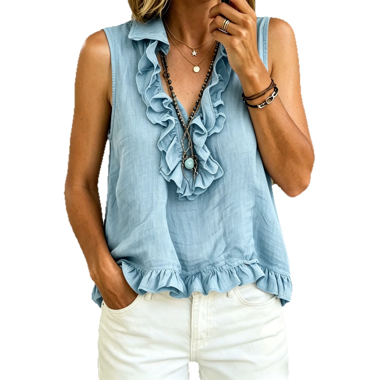 Women's V Neck Ruffle Sleeveless Vest Top Summer Fashion American Style Vacation Shirt_ecoleips.com