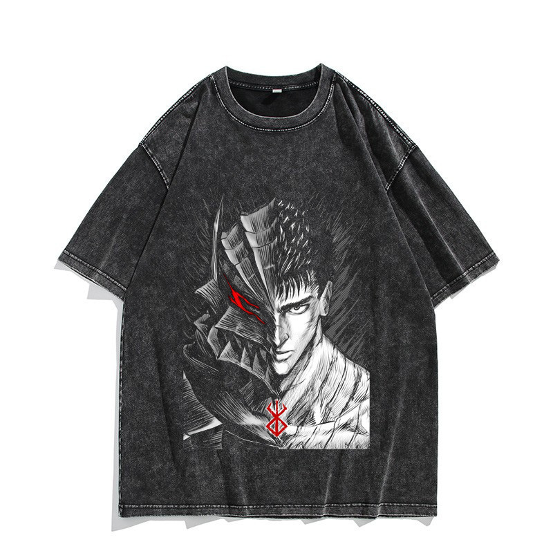 Washed Vintage Short-Sleeved T-Shirt Anime Berserk Branded Warrior Sword Style Legendary Men's Top