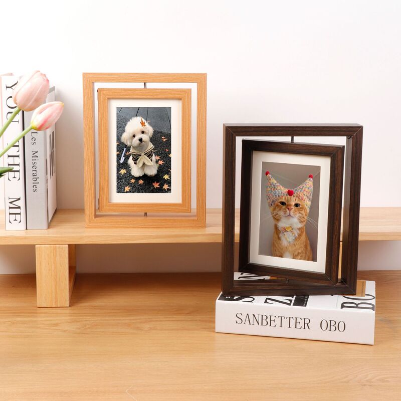 Cross-Border Creative Double-Sided Rotating 7inch Wooden Photo Frame Table Handmade Pet Cat and Dog Hand and Foot Print Gift Commemorative Frame