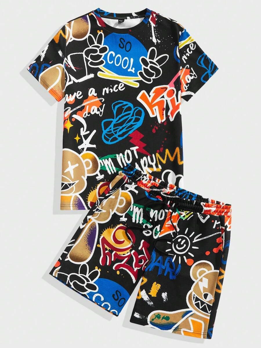 Tendencia colorido graffiti 3D estampado spot traje de hombre camiseta traje de hombre cuello redondo pantalones cortos con cordón de manga corta