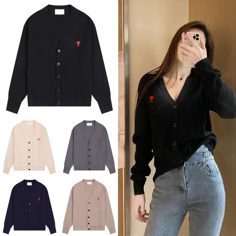 Ami Cross-Border Wholesale Autumn and Winter Men and Women Couple Knitted Sheep Sweater Cardigan Embroidered Peach Heart Heart Sweater Jacket