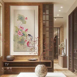 Lotus Hand-Painted Oil Painting, New Chinese Style Entrance Door, Entrance Hall Decorative Painting, Harmonious and Beautiful Lotus Living Room Hanging Painting