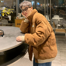 日系复古灯芯绒棉衣男秋冬季美拉德加厚立领棉服字母贴标棉袄外套