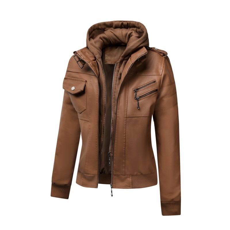 Cross-border supply: Women's foreign trade leather jacket, vintage color, hooded, double zipper design, waist-cinching belt, shoulder straps
