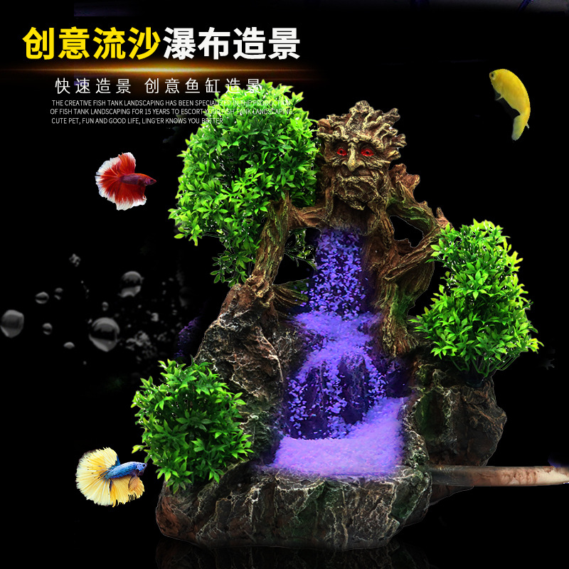 Original gran tanque de peces paisaje arenas movedizas cascada piedra rocalla árbol creativo demonio escondite agujero que fluye adornos agua