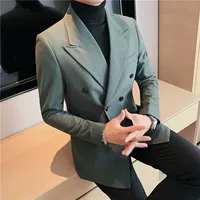 Новый мужской полосатый двубортный костюм в корейском стиле, деловой костюм с лацканами, двубортный облегающий пиджак для молодых мужчин