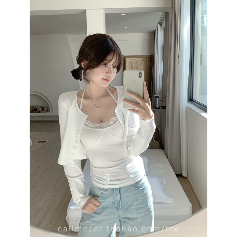 Ready-to-ship Jacquard Design Short Cardigan Top + Vest Two-piece Set...