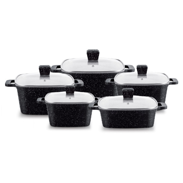 Juego de ollas cuadradas de 10 piezas para comercio transfronterizo, juego de ollas de aluminio fundido antiadherente, olla cuadrada para sopa con rayas horizontales, venta al por mayor